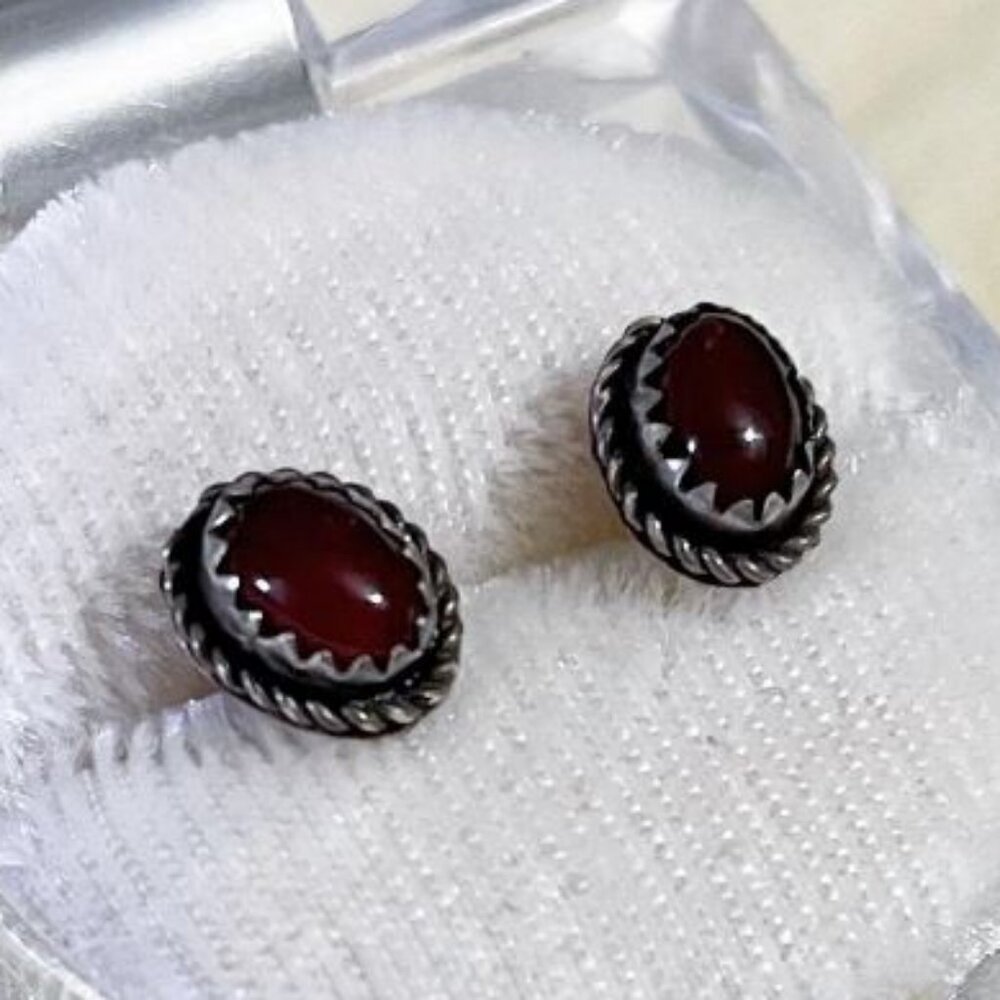 Sterling Silver Deep Red Agate Oval Native Style Stud Earrings